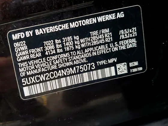 2022 BMW X7 VIN 5UXCW2C04N9M75073 - photo 9 of 9